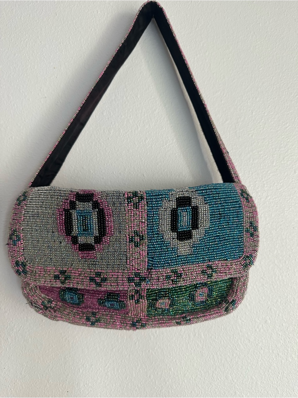 Beaded Multicolor Shoulder Bag - Pink & Teal
